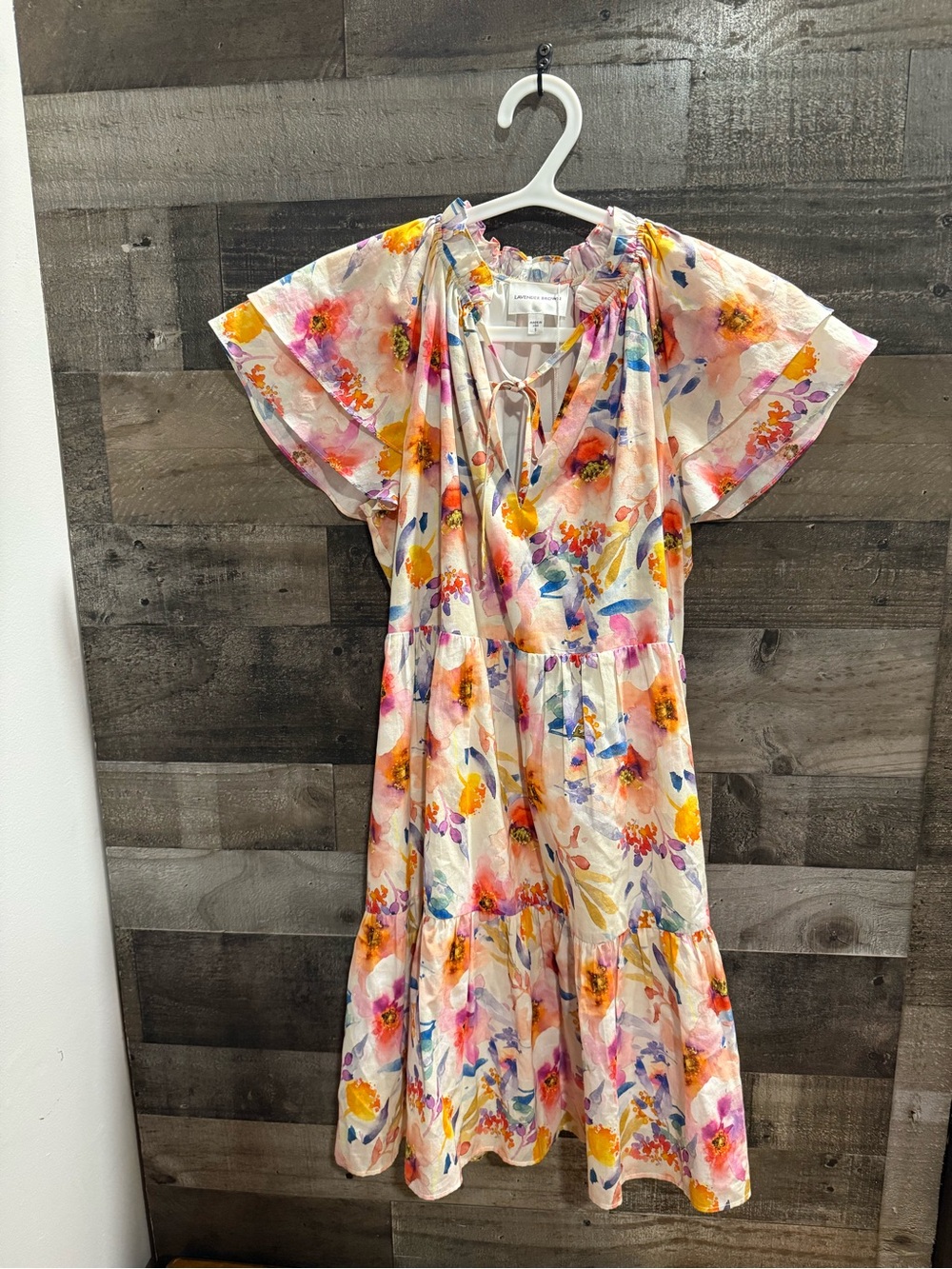 NWT Lavender Brown | Fushia Multi Flutter Sleeve Tiered Dress